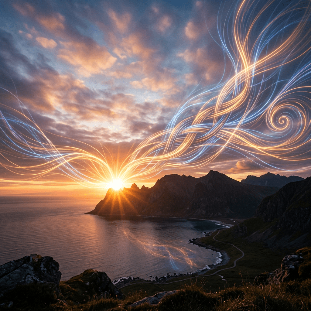 Sunset over mountain coastline with artistic swirling light trails in sky