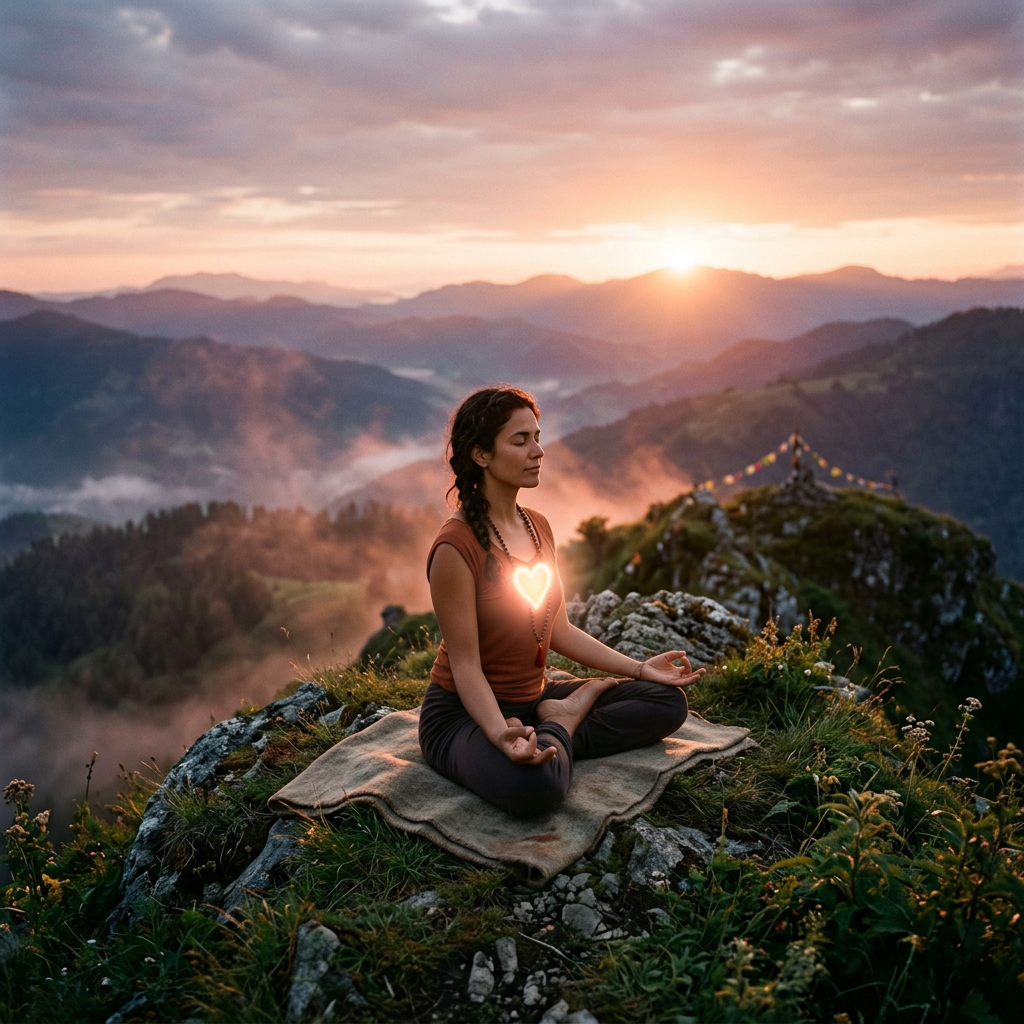 Woman meditating cross-legged on a mountain with a glowing heart symbol on her chest at sunrise