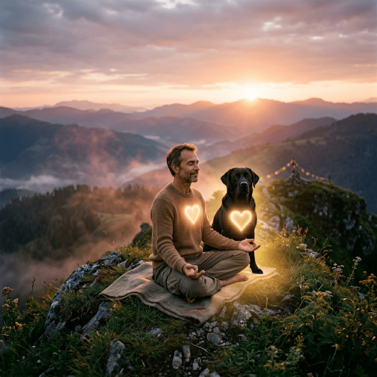 Man meditating cross-legged on a blanket on a mountain peak with a black dog sitting beside him, both with glowing heart symbols on their chests, during sunset.