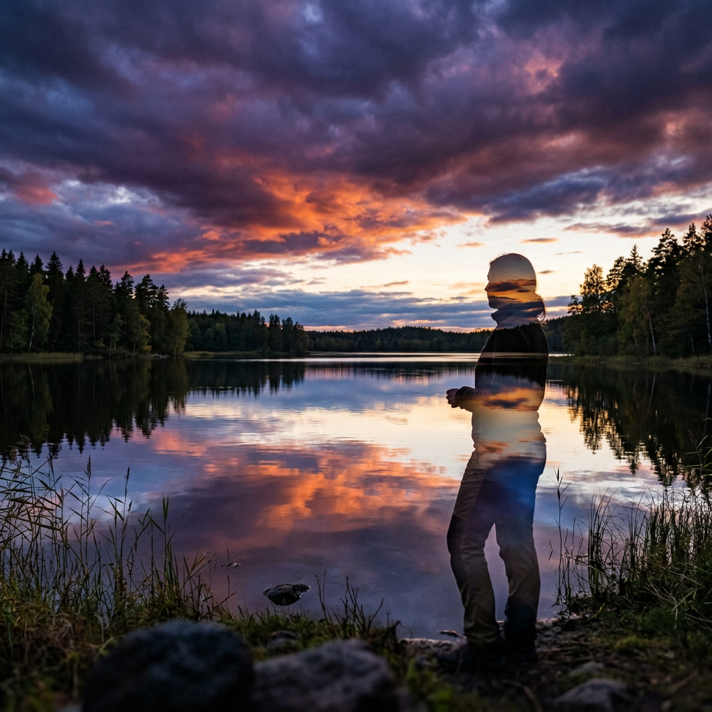 Silhouette of a person standing by a lake with colorful sunset and forest reflection