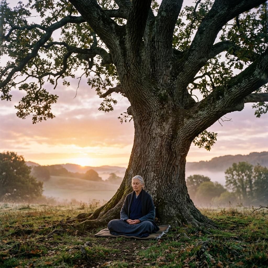 Elderly woman sitting cross-legged meditating under a large tree at sunrise