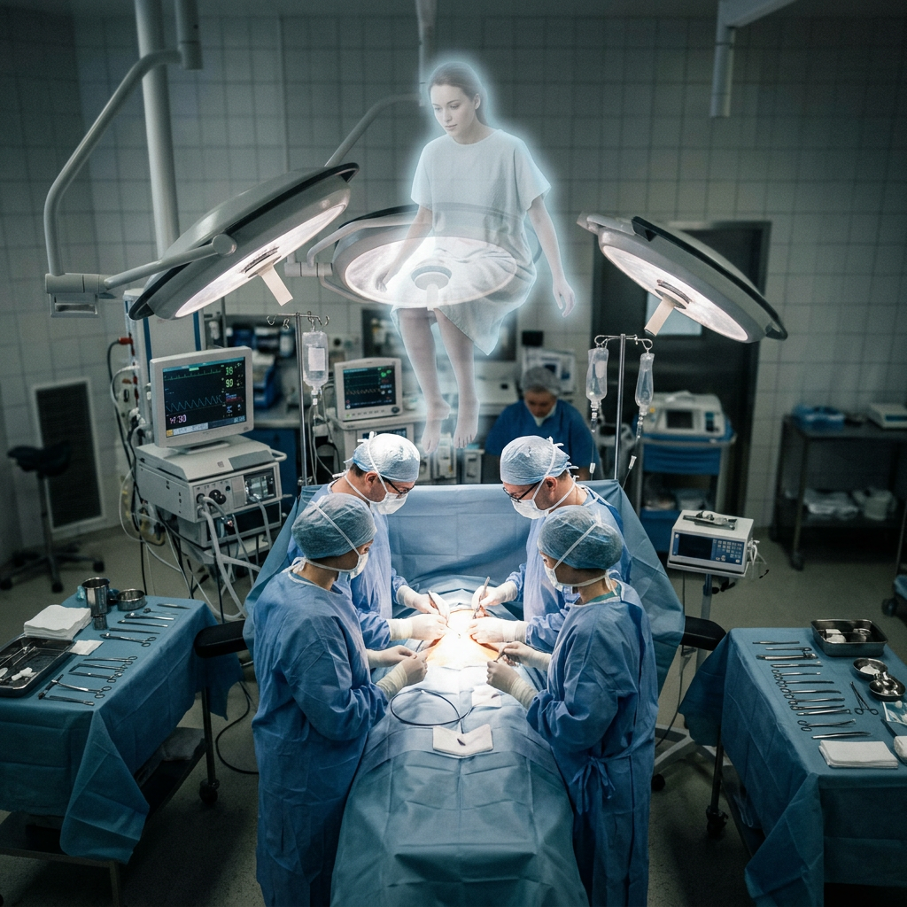 Surgical team performing operation with glowing translucent female figure above patient