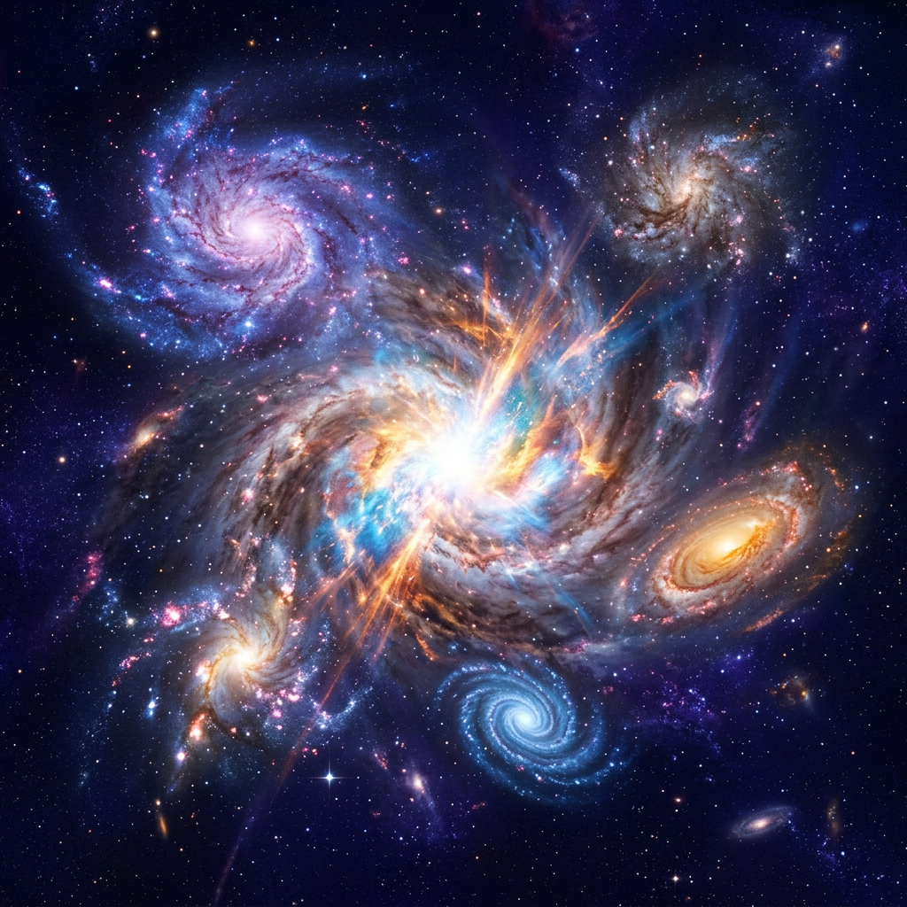 Several colorful spiral galaxies interacting with bright cosmic energy in space