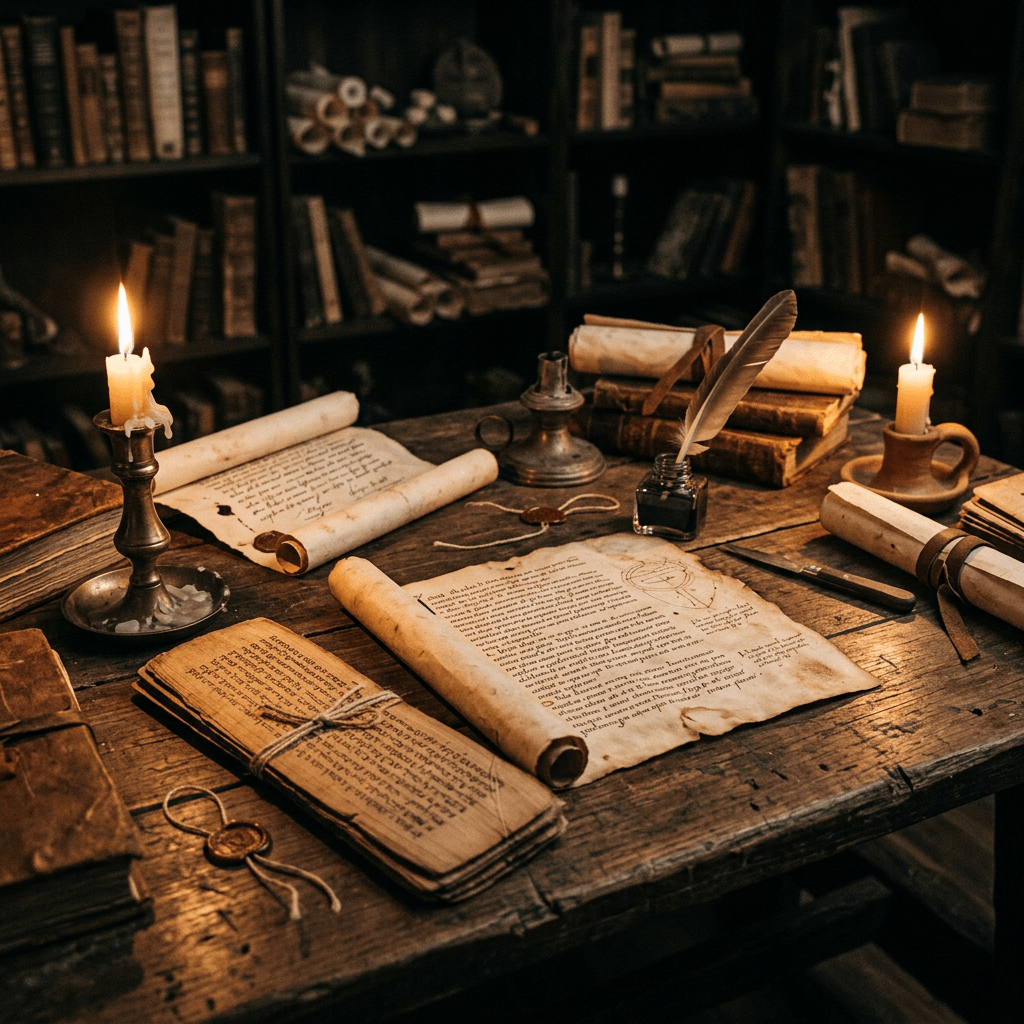 Old manuscripts and scrolls on a wooden desk with ink and quill, lit candles