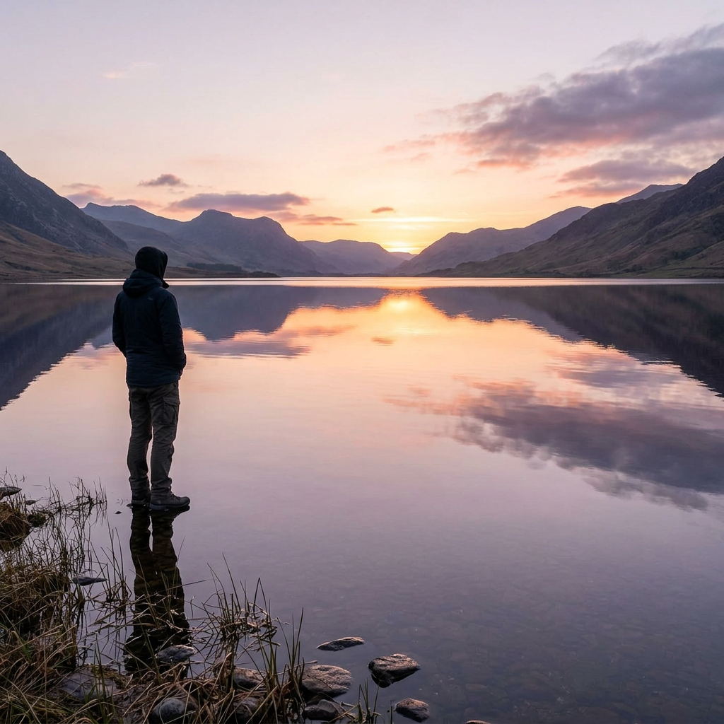Person standing at lake shore watching the sunset over mountain range