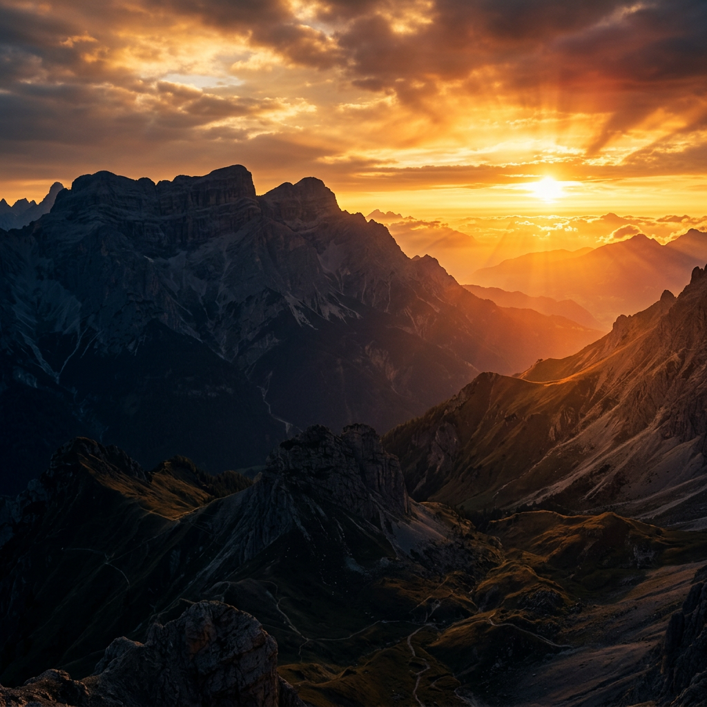 Mountain range at sunset with sun rays breaking through clouds